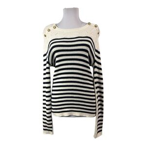 Talbots Women's Medium Preppy Pullover Sweater Striped Navy Ivory Metal Buttons